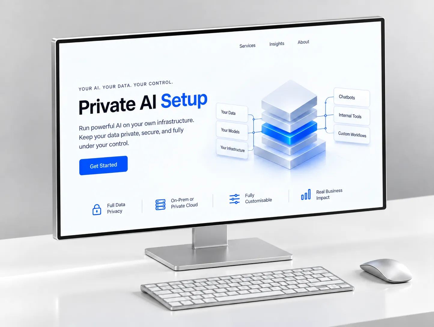 A desktop monitor on a studio desk showing a private AI setup page, with a layered diagram connecting your data, models and infrastructure to the tools built on them.